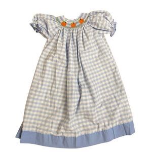 Southern Sunshine Blue White Gingham Smocked Dress Pumpkin Embroidery Size 7